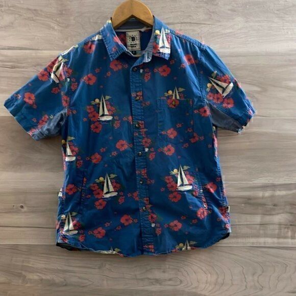 BDGA Mens Blue Floral Cotton Short Sleeve Collared Button Up Shirt Size Small - Picture 1 of 7
